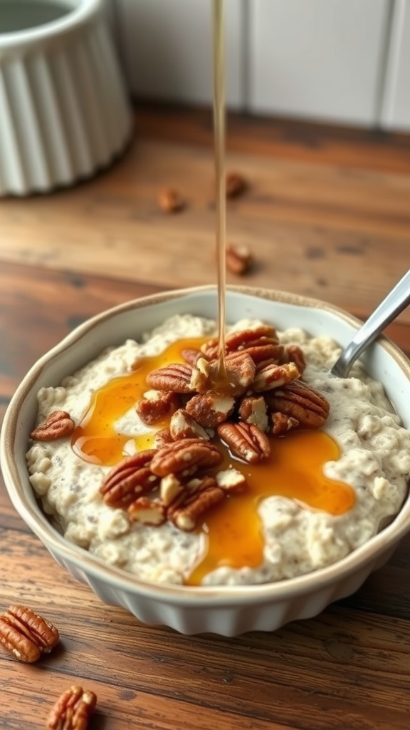 A bowl of overnight oats topped with pecans and maple syrup.