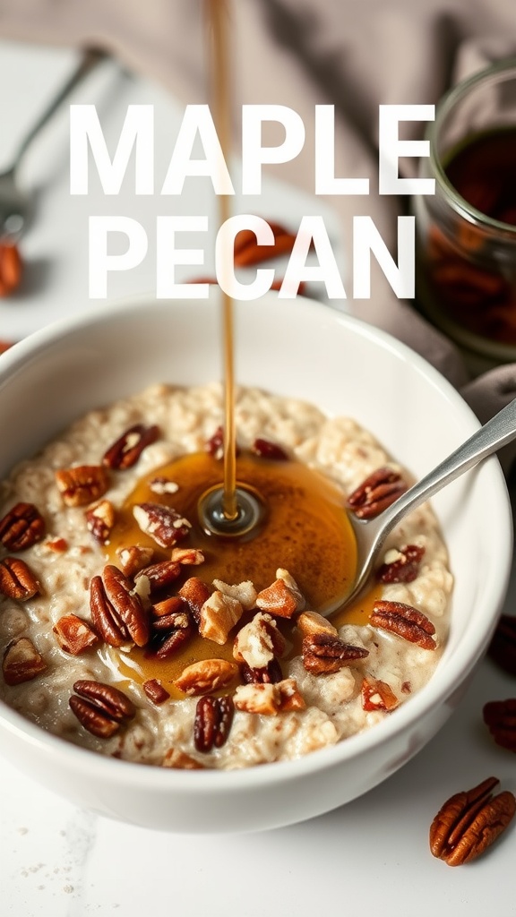 A bowl of maple pecan oatmeal topped with syrup and pecans