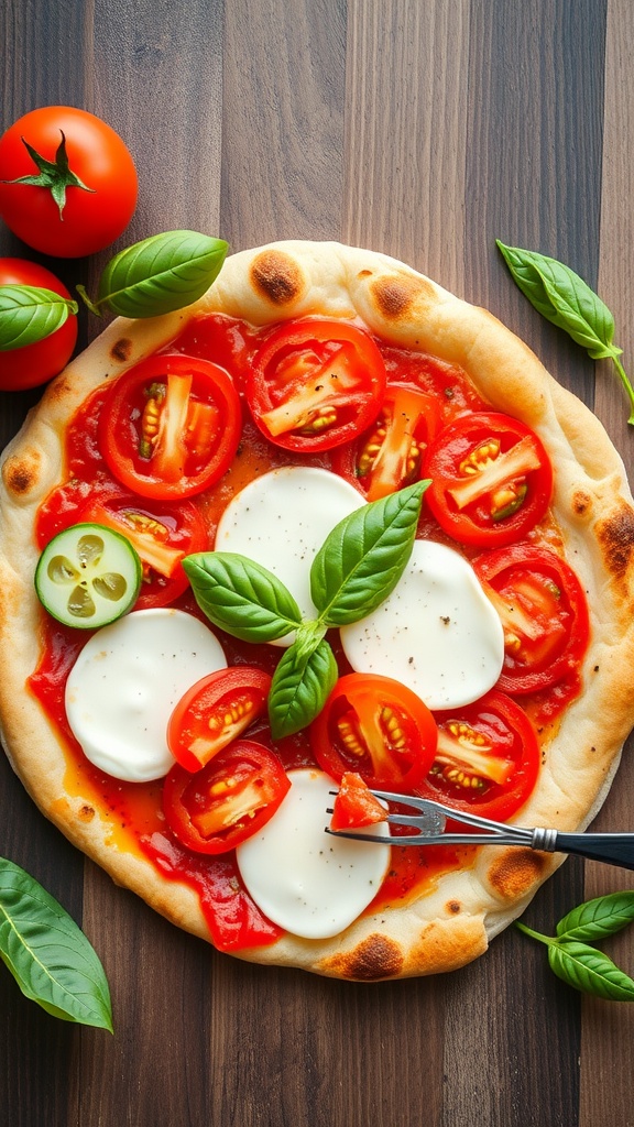 A Margherita flatbread topped with tomatoes, mozzarella, and basil.