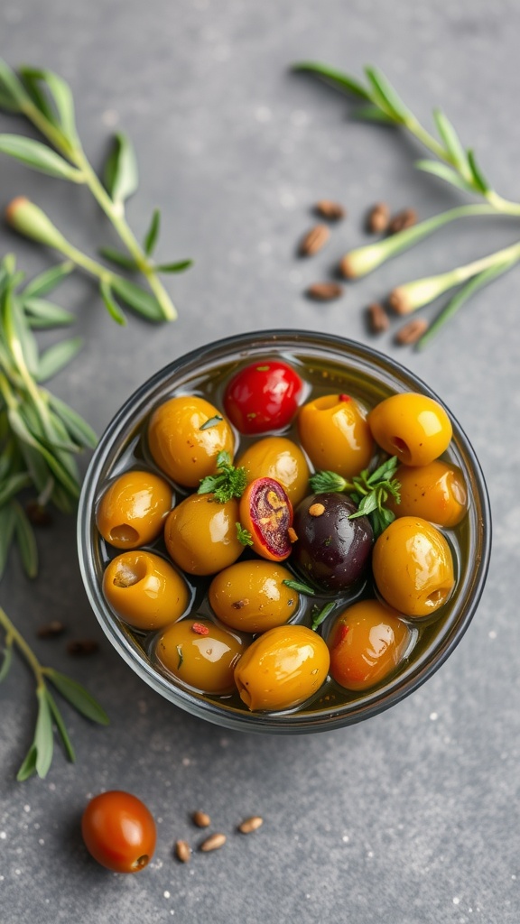 Bowl of marinated olives with herbs and spices