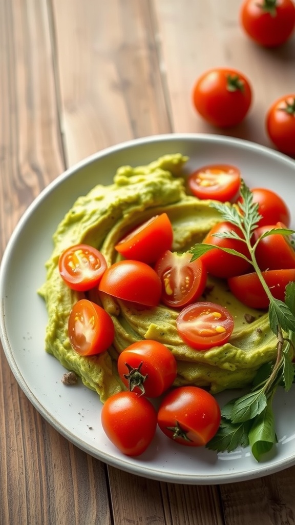 A vibrant mashed avocado and tomato salad with fresh ingredients on a plate.