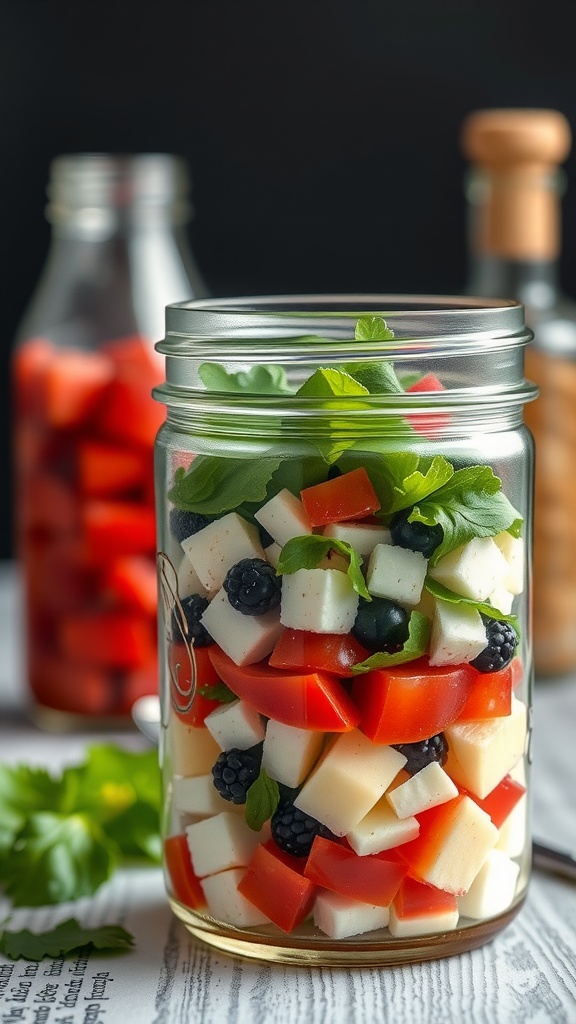 A colorful Mason Jar Greek Salad with layers of fresh vegetables and feta cheese.