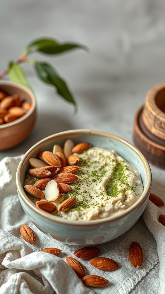 A bowl of matcha almond oatmeal topped with almonds and a sprinkle of matcha powder.