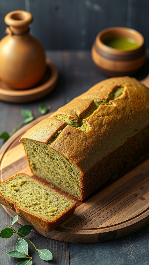 A loaf of matcha green tea bread sliced on a wooden board.