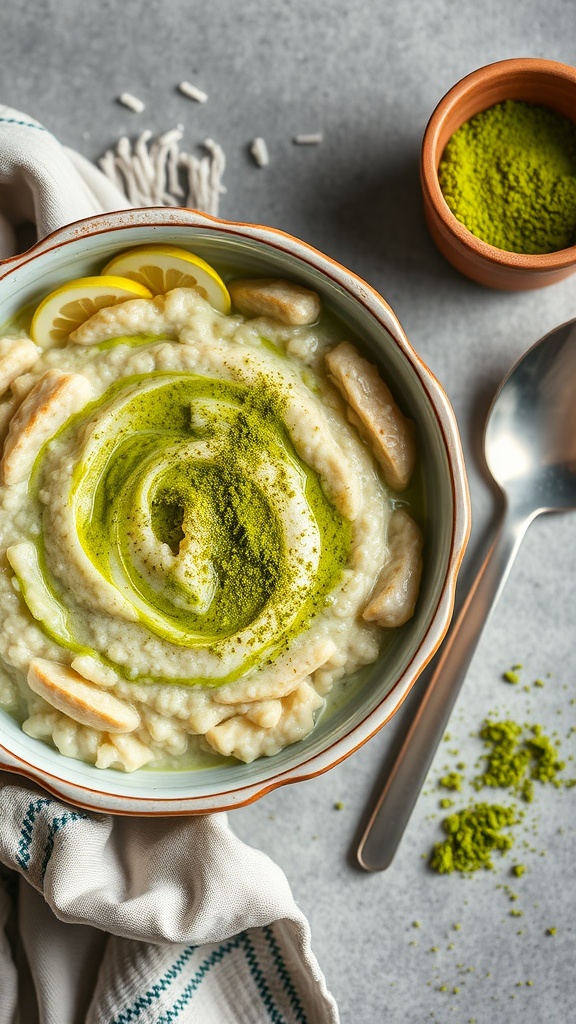 A bowl of matcha green tea oatmeal topped with banana slices and lemon zest.
