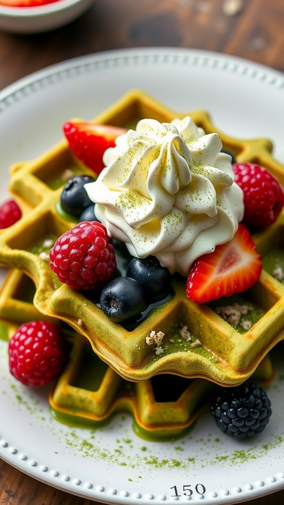 Delicious green matcha waffles topped with whipped cream and fresh berries.