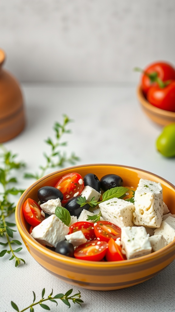 A colorful Mediterranean breakfast bowl with tomatoes, cucumbers, olives, and feta cheese.