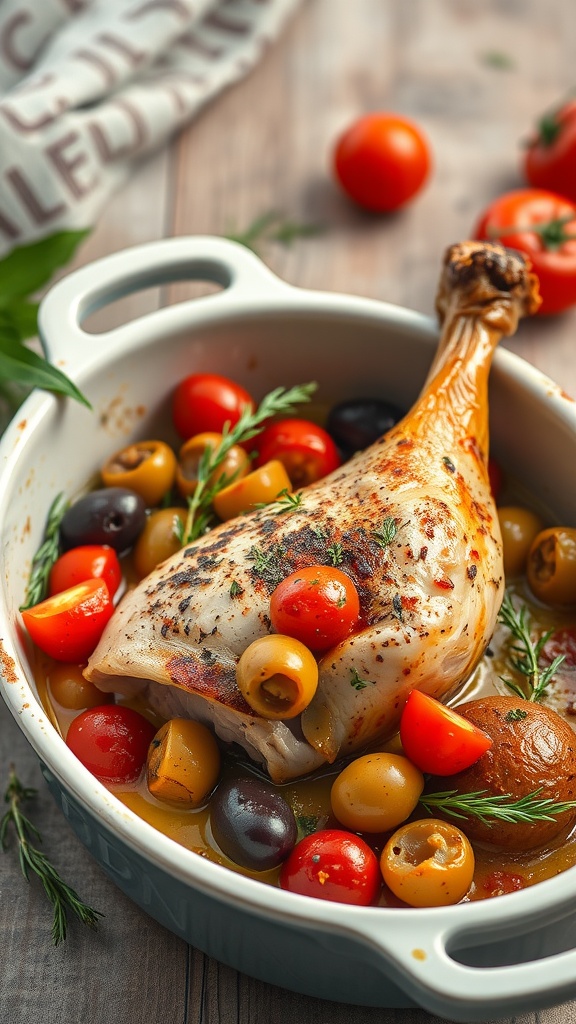 A Mediterranean chicken leg bake with olives, tomatoes, and herbs in a baking dish.