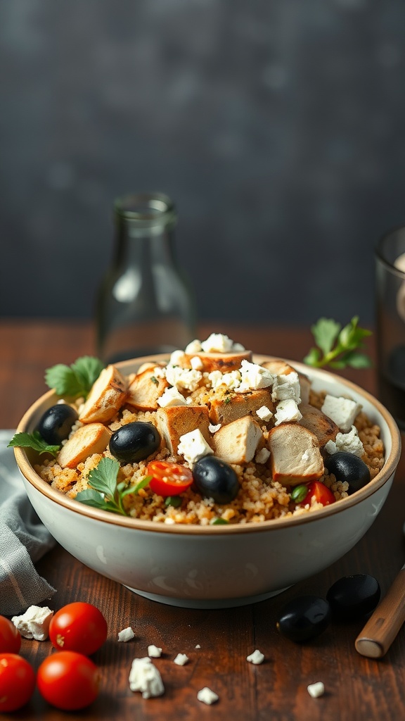 A vibrant bowl of Mediterranean Chicken Quinoa with grilled chicken, quinoa, cherry tomatoes, black olives, and feta cheese.
