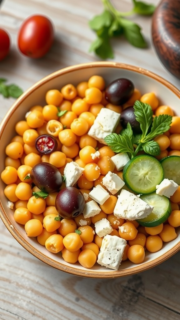 A delicious Mediterranean Chickpea Bowl with chickpeas, feta cheese, cucumbers, olives, and cherry tomatoes.
