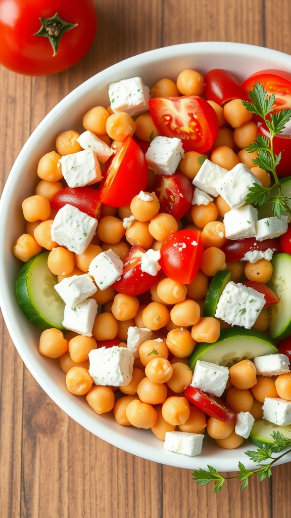 A colorful Mediterranean chickpea salad with tomatoes, cucumbers, and feta cheese