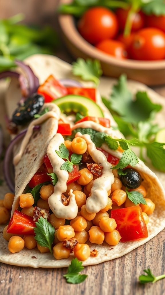 A fresh Mediterranean Chickpea Wrap filled with chickpeas, colorful vegetables, and drizzled with hummus.