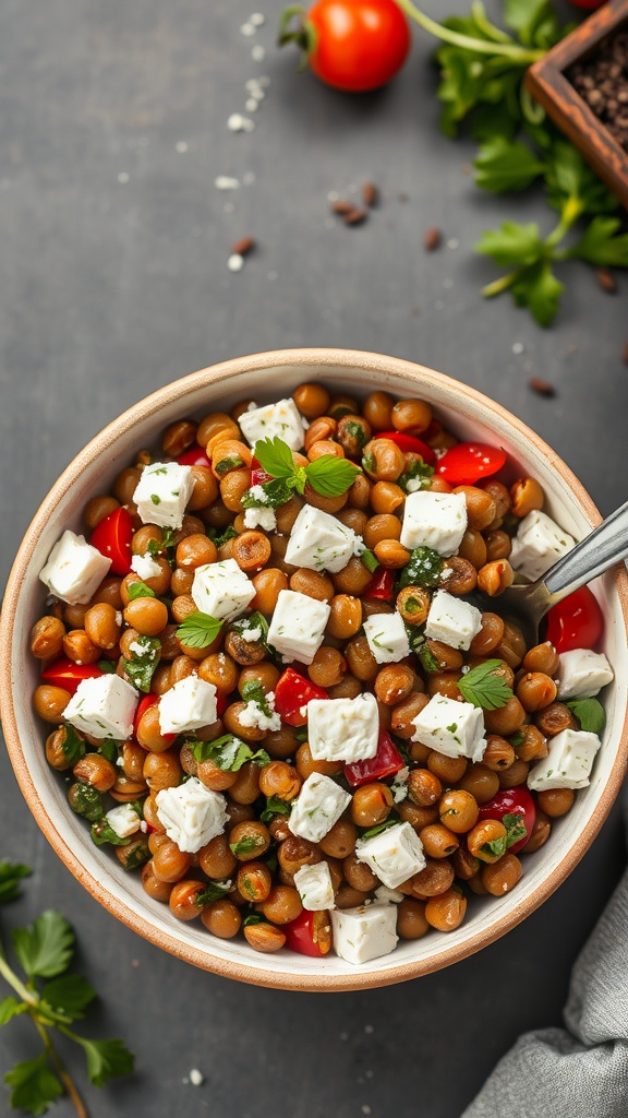 A bowl of Mediterranean lentil salad topped with feta, cherry tomatoes, and herbs.