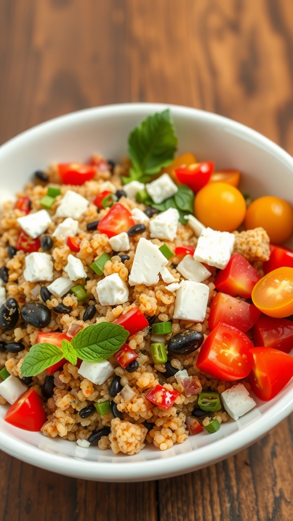 A colorful Mediterranean quinoa bowl featuring quinoa, black beans, diced tomatoes, feta cheese, and fresh herbs.