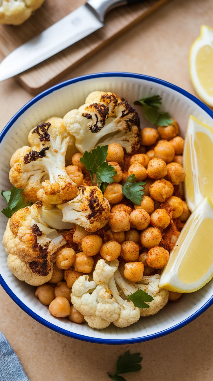 A bowl of roasted cauliflower and chickpeas garnished with lemon wedges and herbs.