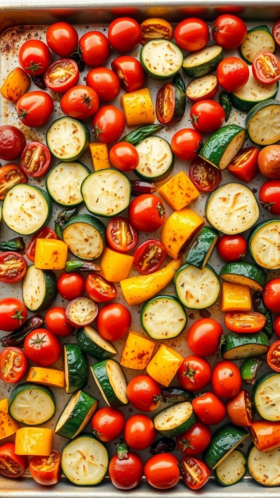 A colorful medley of roasted Mediterranean vegetables including zucchini, squash, bell peppers, and cherry tomatoes.