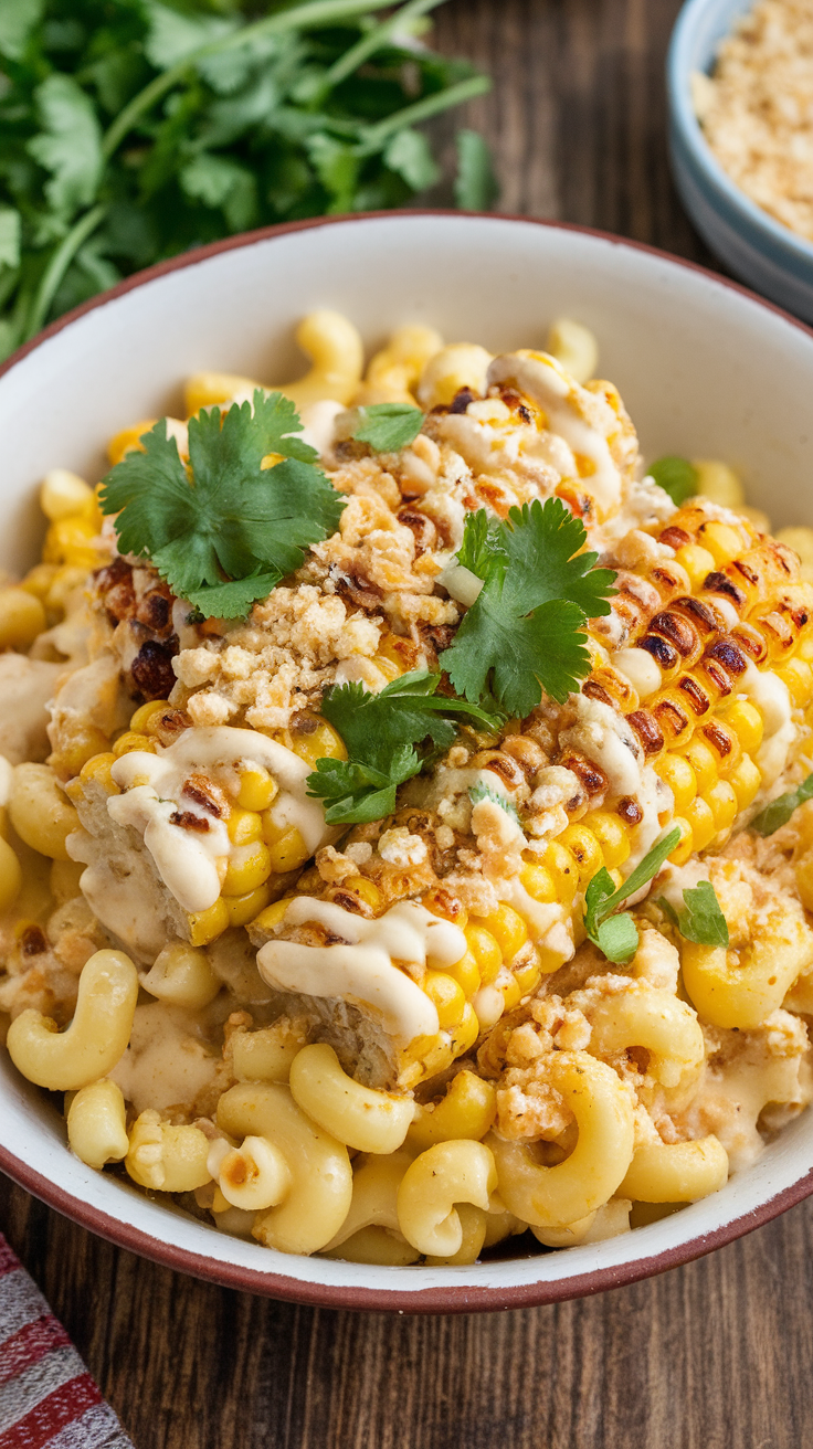 A bowl of Mexican Street Corn Macaroni and Cheese topped with fresh cilantro and grilled corn.