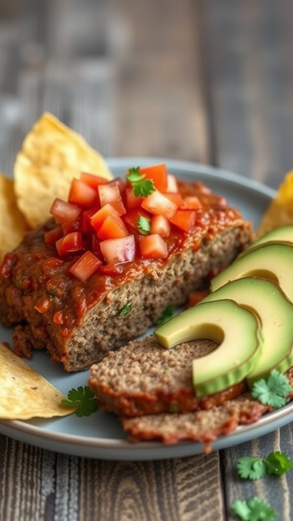 A delicious Mexican style meatloaf served with salsa, avocado, and tortilla chips.