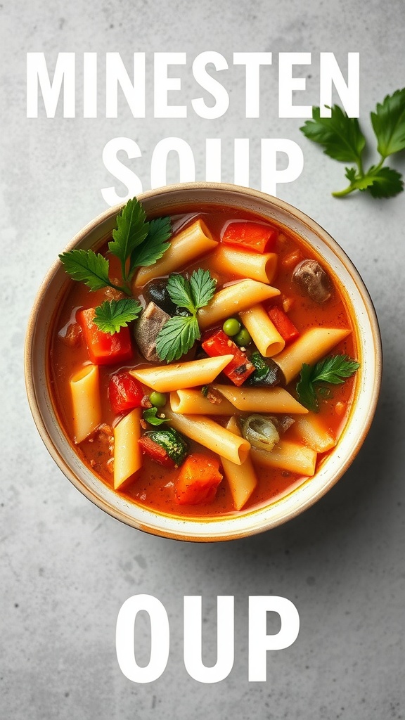A bowl of minestrone soup with vegetables and pasta