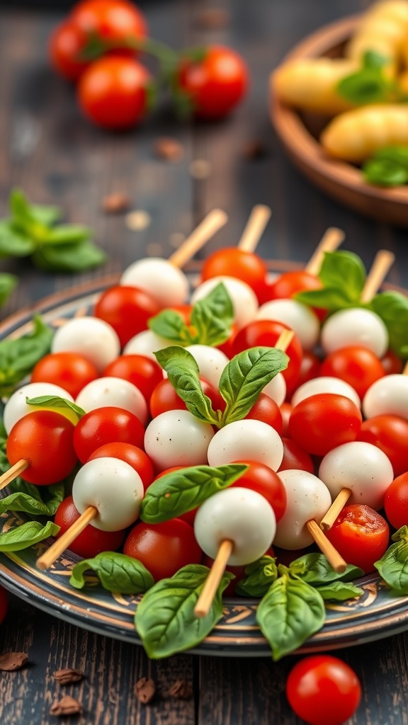 Mini Caprese Skewers with cherry tomatoes, mozzarella, and basil
