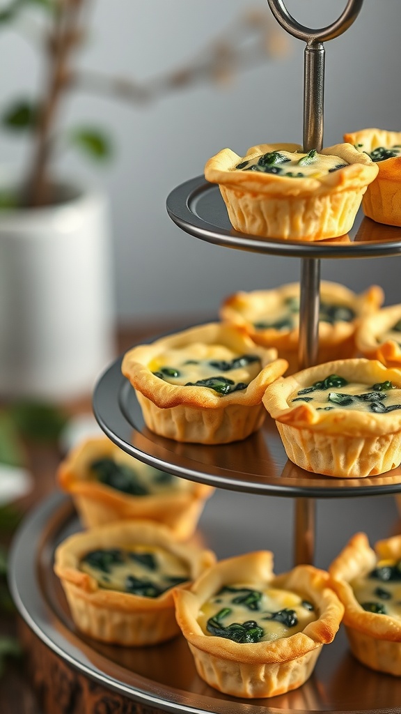 A tiered stand with mini quiches filled with spinach and cheese.