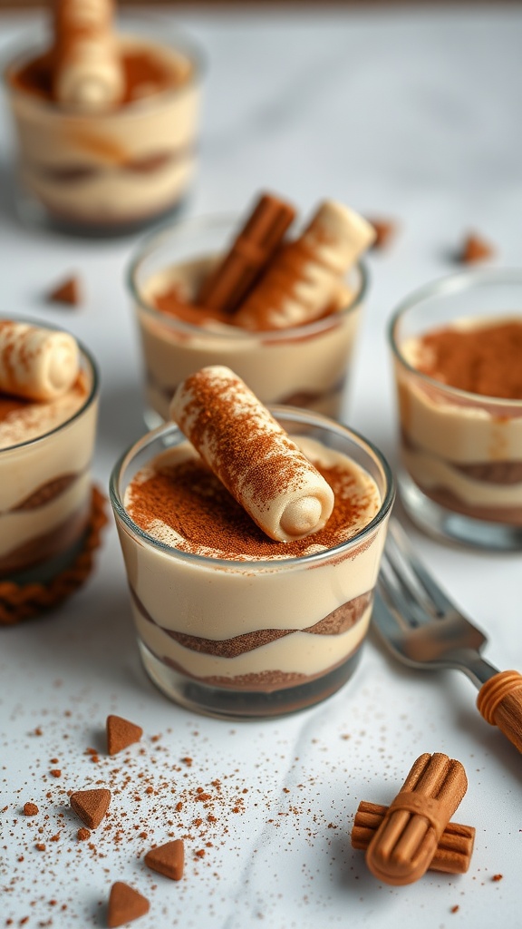 Mini tiramisu cups with cocoa powder and decorative cookies on top