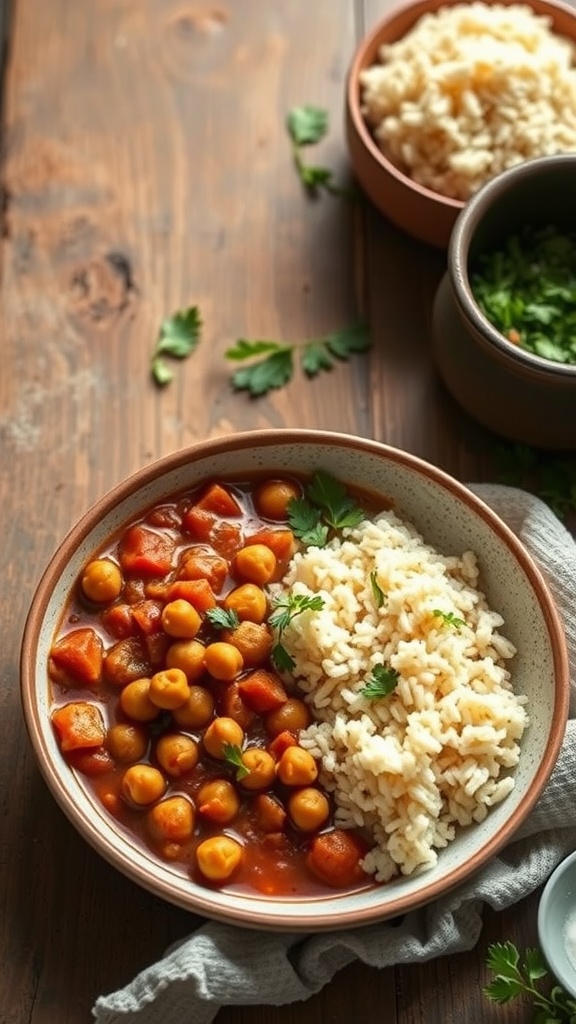 A warm bowl of Moroccan Chickpea Stew served with fluffy couscous, garnished with fresh cilantro.