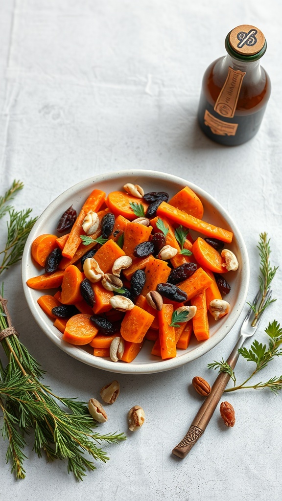 A bowl of Moroccan spiced carrot salad with nuts and dried fruit.