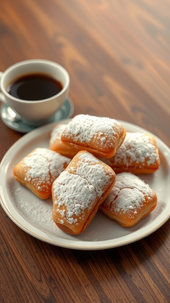 Delicious beignets dusted with powdered sugar on a plate