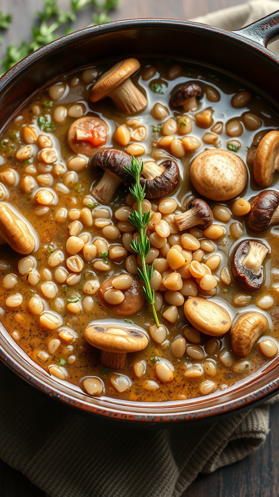 A cozy bowl of Mushroom Barley Stew with Thyme, featuring plump mushrooms and grains.