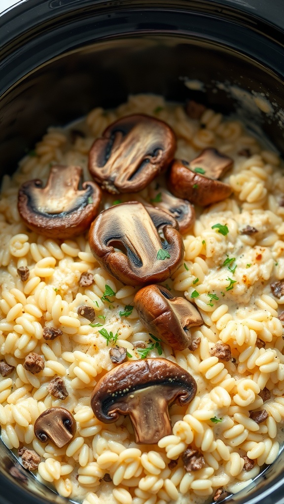 A bowl of creamy mushroom risotto garnished with mushrooms and parsley.