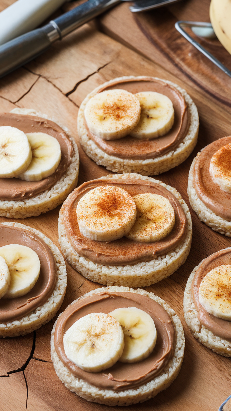 Nut butter and banana rice cakes topped with sliced bananas and a sprinkle of cinnamon.