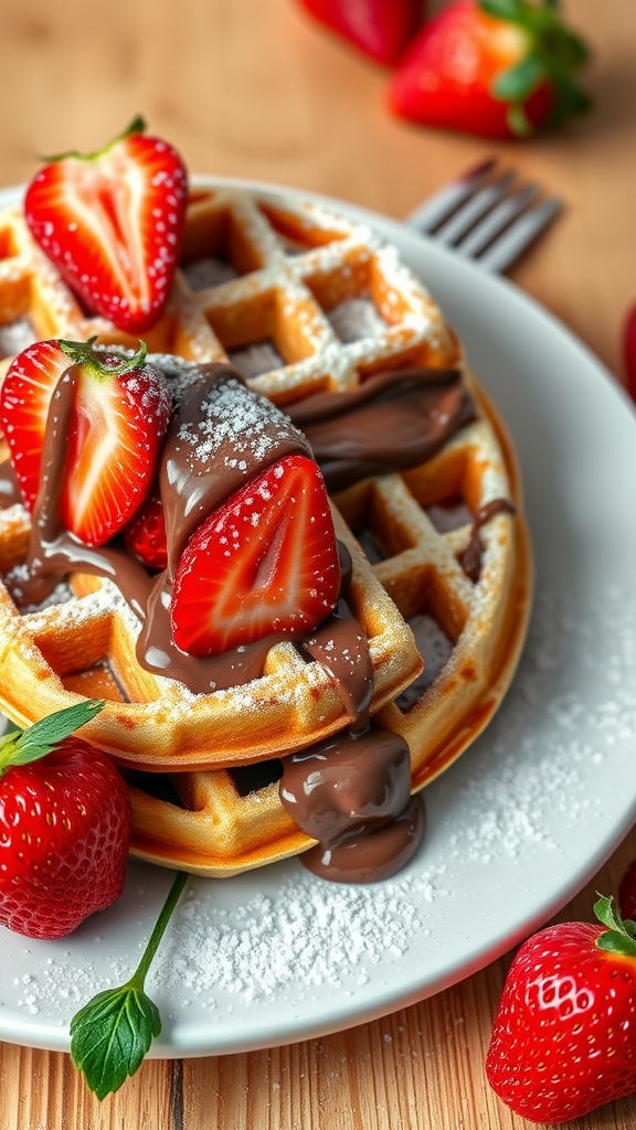 Delicious Nutella stuffed waffles with strawberries and powdered sugar