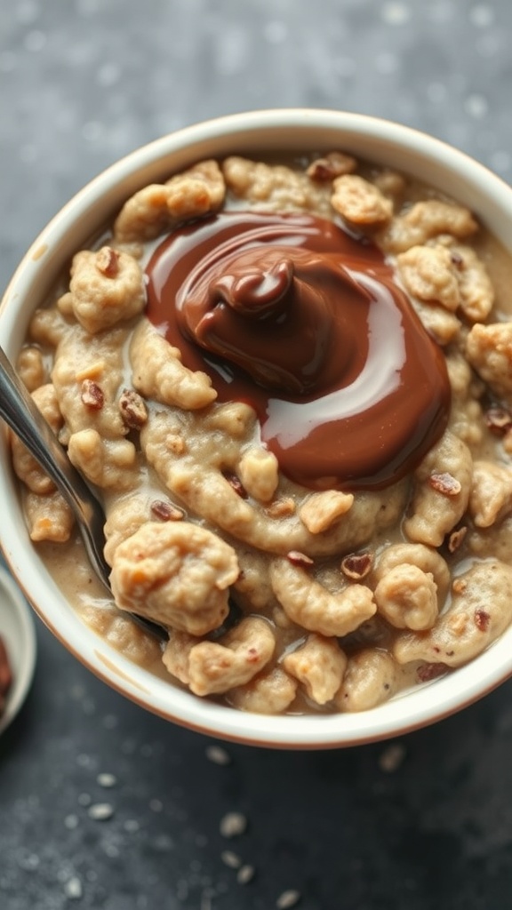 A bowl of creamy oatmeal topped with a swirl of Nutella and crunchy toppings.
