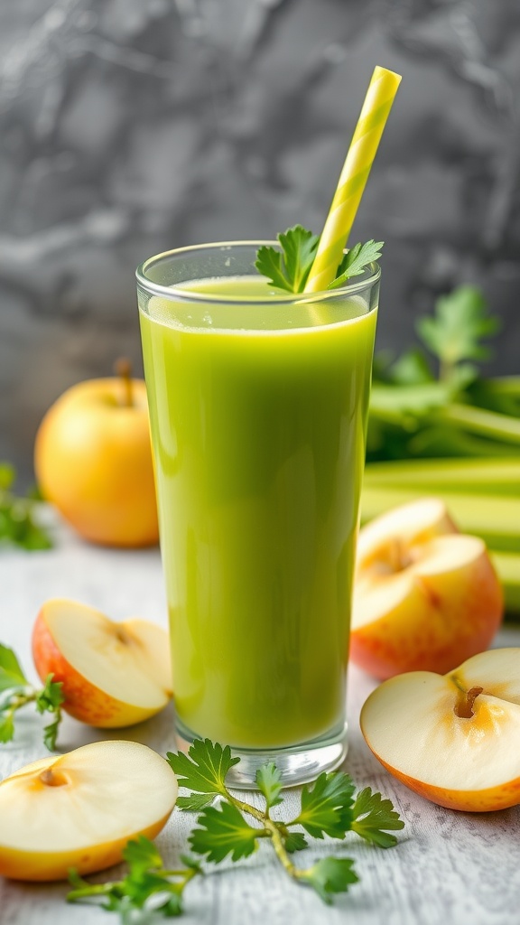 A refreshing green apple and celery juice served in a tall glass with a yellow straw, surrounded by fresh apple slices and celery stalks.