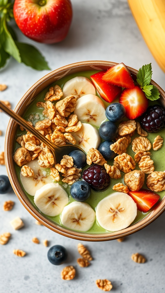 A delicious green smoothie bowl topped with fruits and granola.