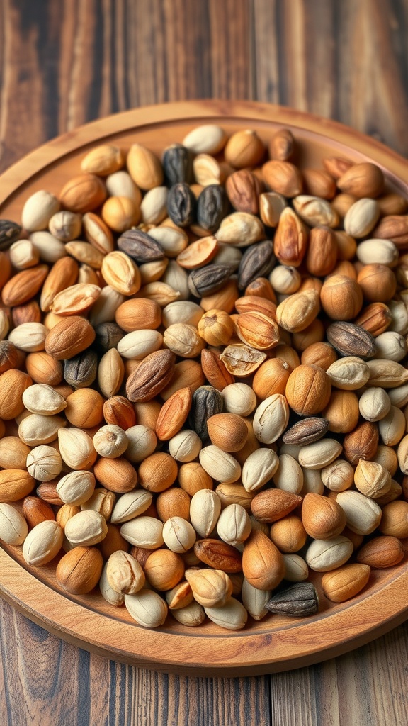 A variety of nuts and seeds in a wooden bowl on a wooden table.