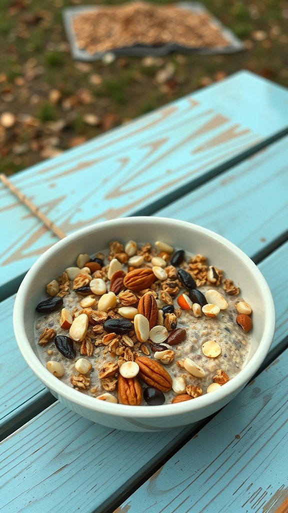 A bowl of healthy nutty granola burst overnight oats topped with mixed nuts and granola.