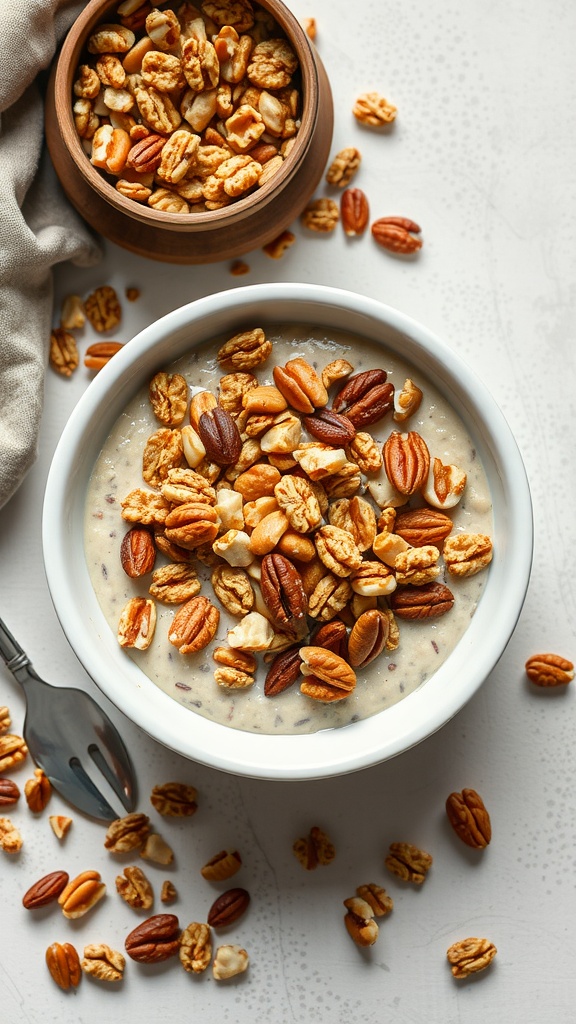 Bowl of oatmeal topped with nuts and granola