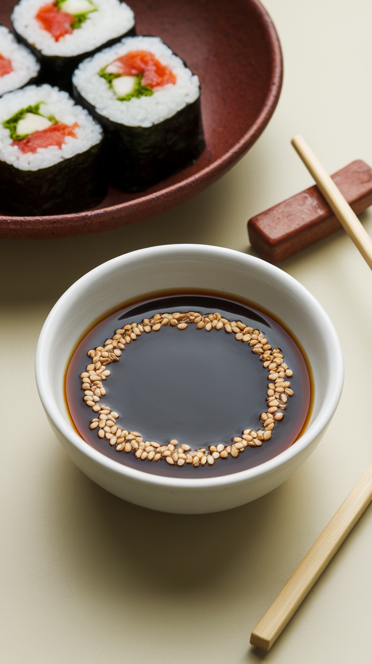 A bowl of nutty sesame soy sauce garnished with sesame seeds, accompanied by sushi rolls.