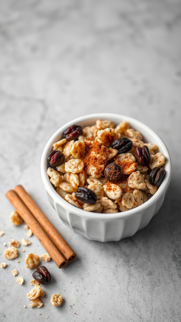 A bowl of oatmeal garnished with raisins and cinnamon sticks