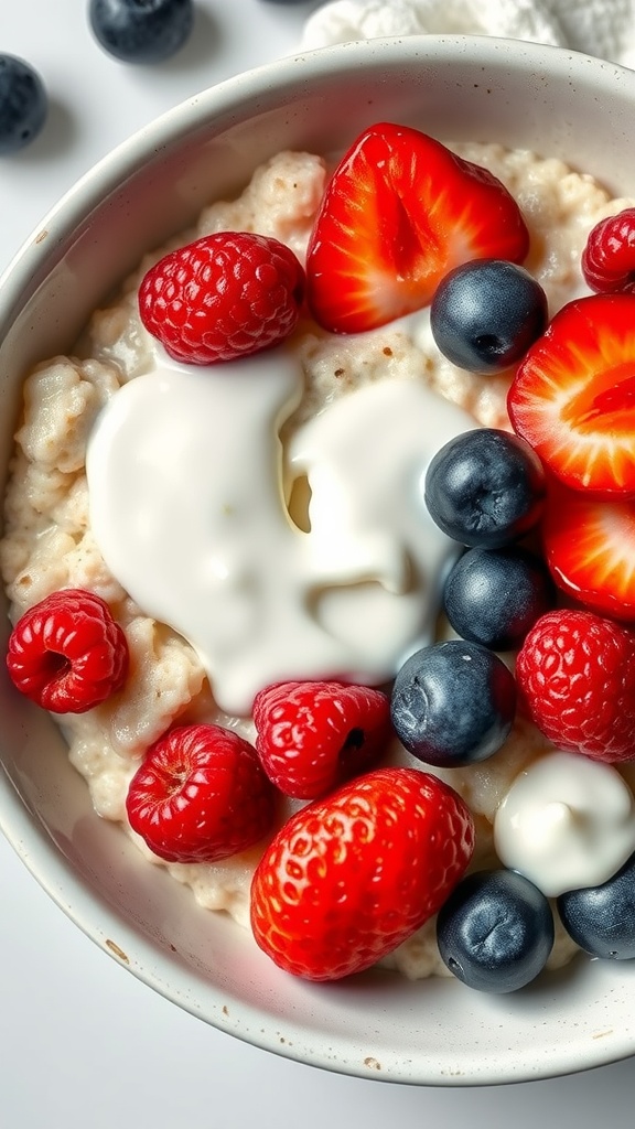 A bowl of oatmeal topped with fresh berries and cream.