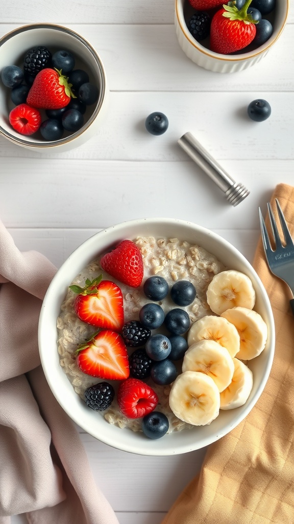 Bowl of oatmeal topped with banana slices and mixed berries.