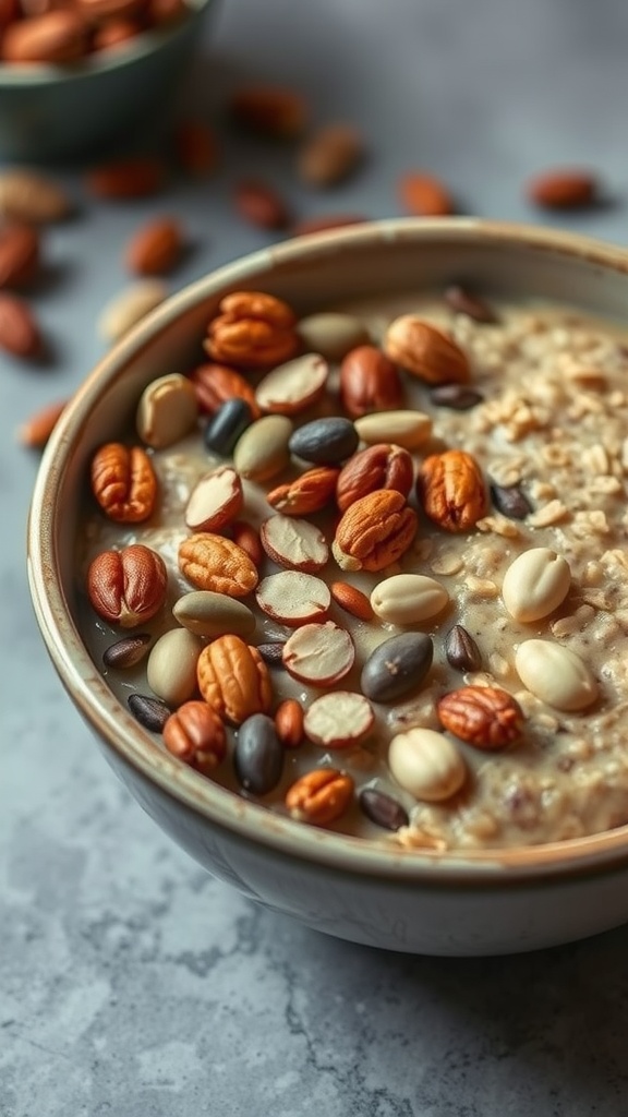 A bowl of oatmeal topped with a variety of roasted nuts, showcasing a cozy breakfast option.