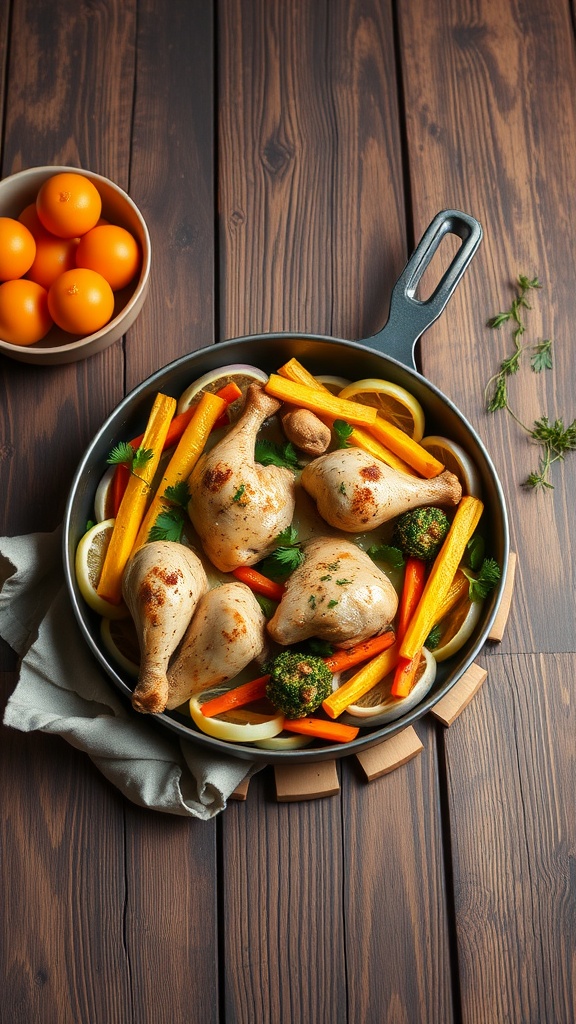 A delicious one-pan chicken and vegetables dish ready to serve.