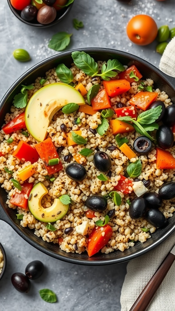 A colorful Mediterranean quinoa bowl topped with vegetables and olives.