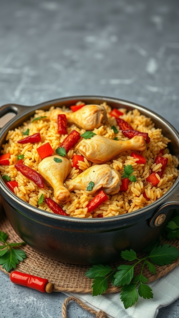 A delicious one-pot chicken and rice dish in a black pot, featuring chicken drumsticks, red bell peppers, and parsley.