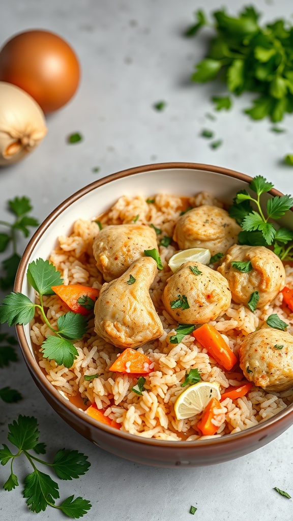 A bowl of chicken and rice with colorful peppers and garnished with parsley.