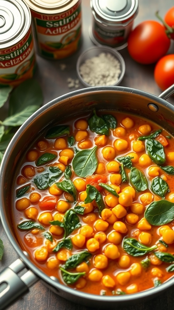 A pot of chickpea and spinach curry simmering on the stove, colorful ingredients surrounding it.