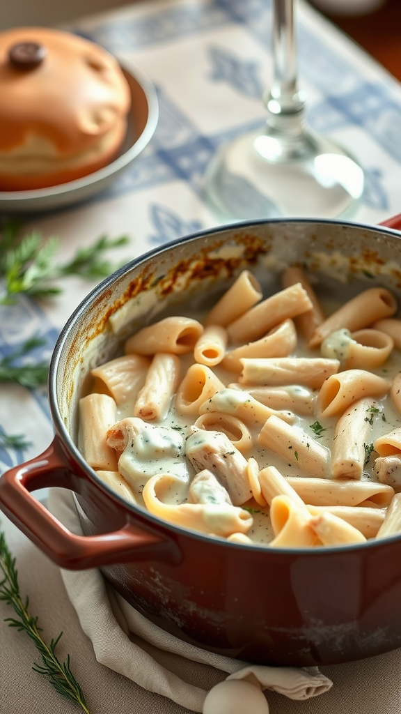 A pot of creamy chicken alfredo pasta with a side of greenery.